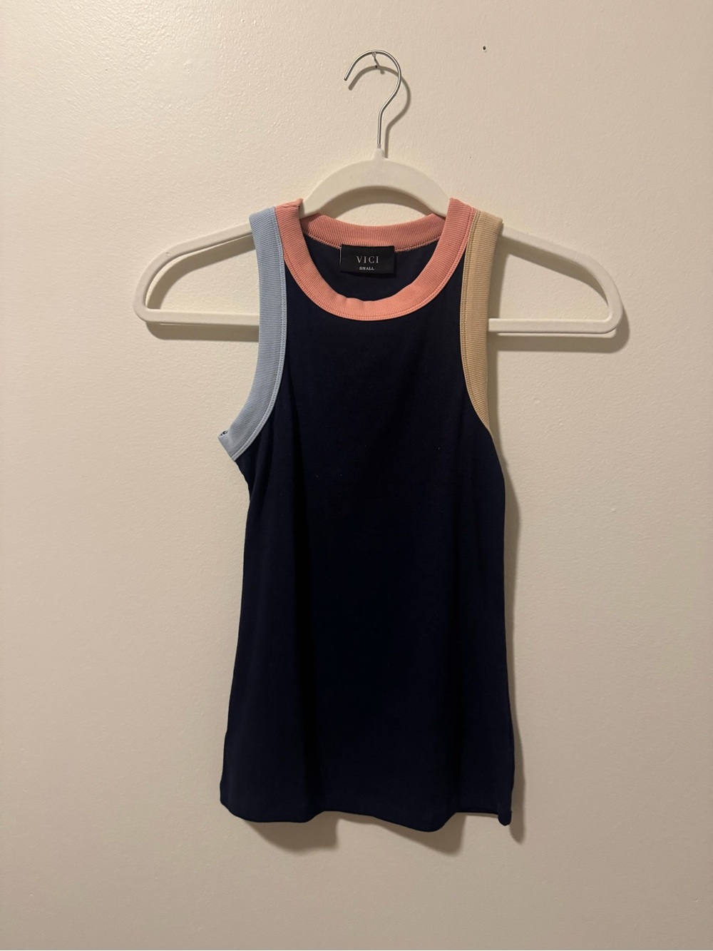Vici Navy Tank Top with Pink, Light Blue & Tan Trim